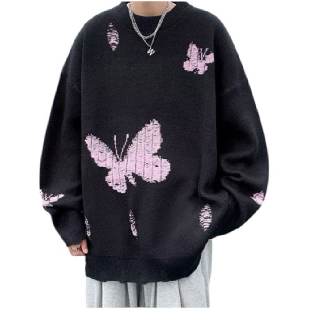 Santo Black Knit Sweater with Pink Butterfly and Distressed Design Size M